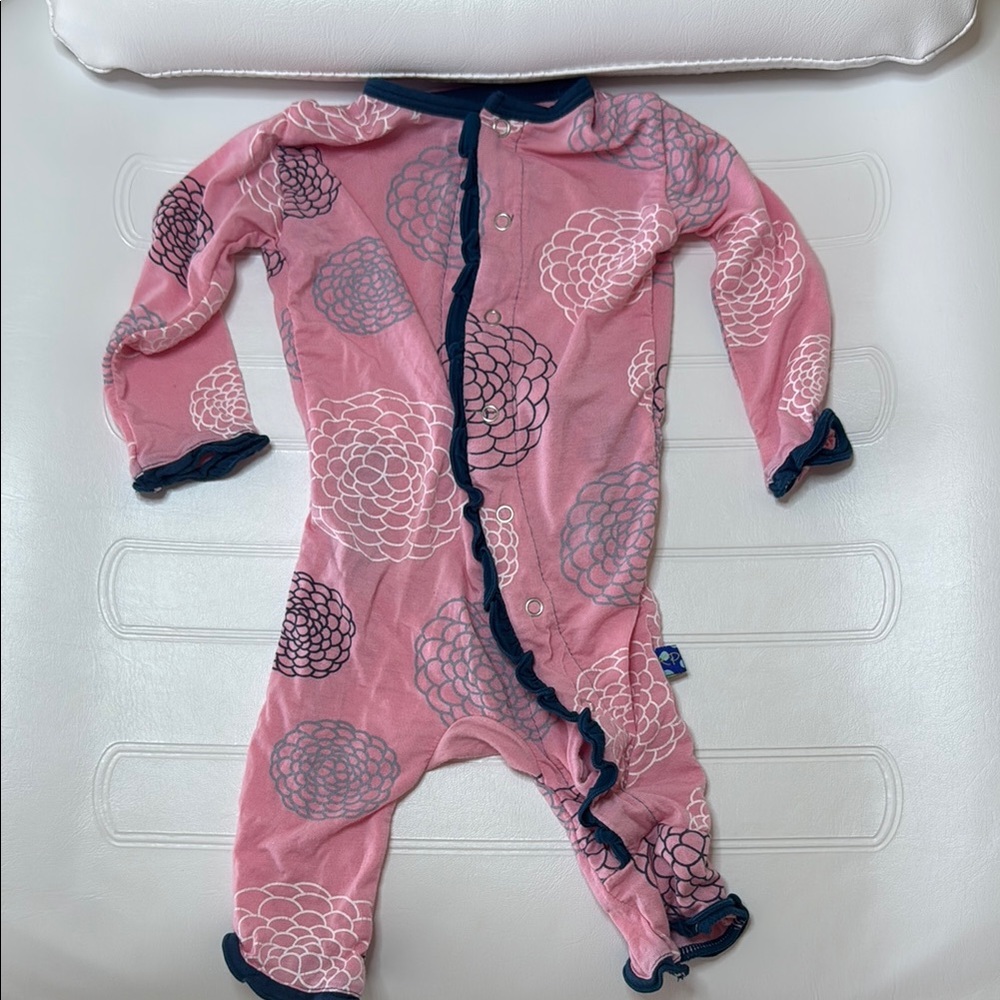 KicKee Pants Bamboo Pink and Blue Floral Footies with Button Bottom Flap